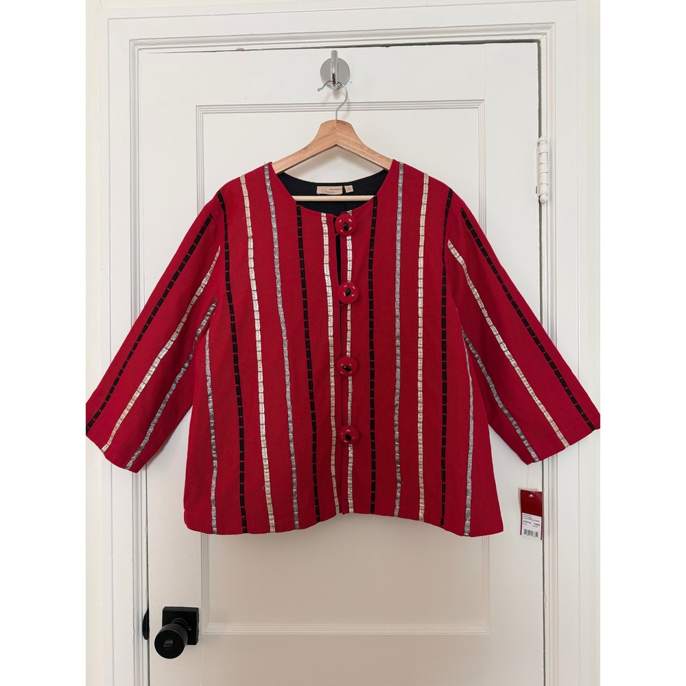 Vntg Red Striped Cotton Jacket XL Button Down 3/4 Sleeve Boho Artsy Cottage